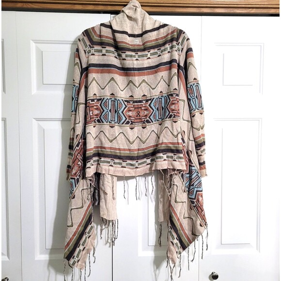 Billabong Southwestern Open Cardigan Shawl Size Large Fringe Long Sleeve Boho - Picture 1 of 6